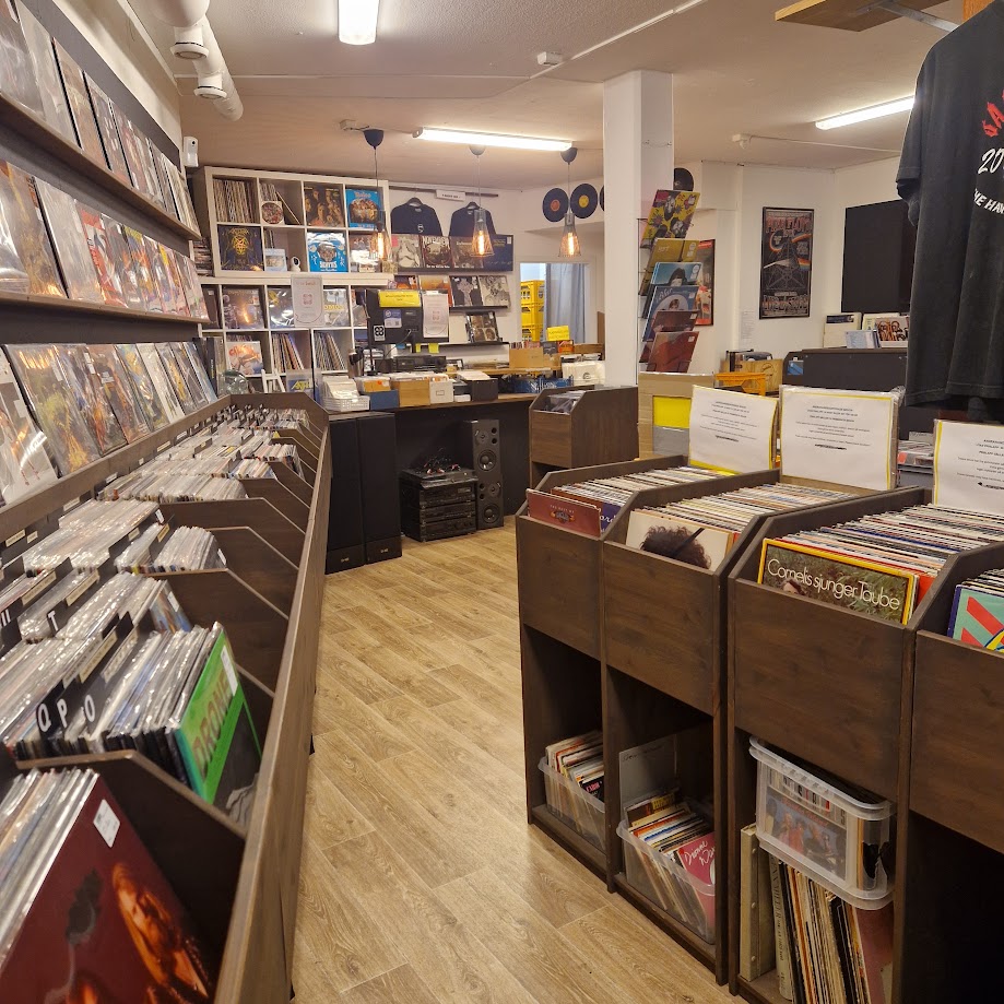 Skivbackar och vinylskivor inne i Evolution Records på Lagerbergsgatan i Uddevalla.