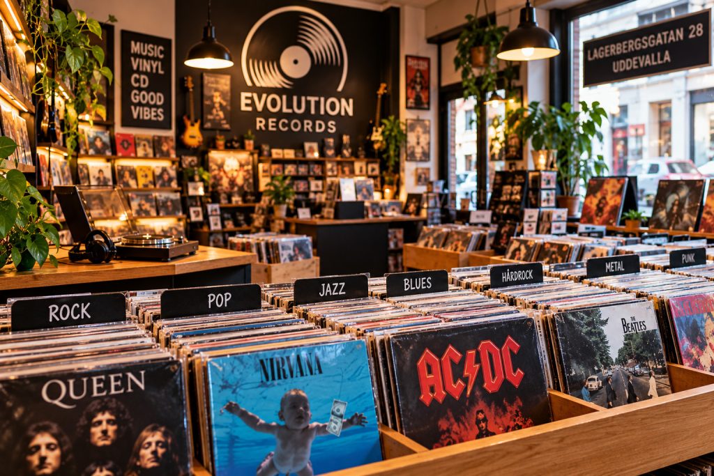Musikaffär i Uddevalla med nya och begagnade vinylskivor, CD skivor och DVD filmer hos Evolution Records på Lagerbergsgatan 28.