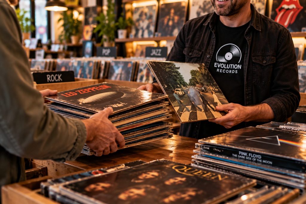 Kund säljer sin vinylsamling till Evolution Records, som köper begagnade vinylskivor och skivsamlingar i Uddevalla.