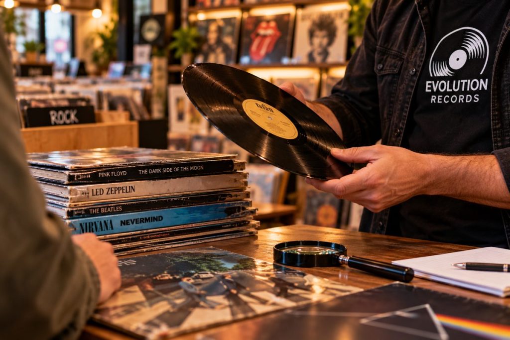 Person granskar en begagnad vinylskiva inför bedömning och inköp hos Evolution Records i Uddevalla.