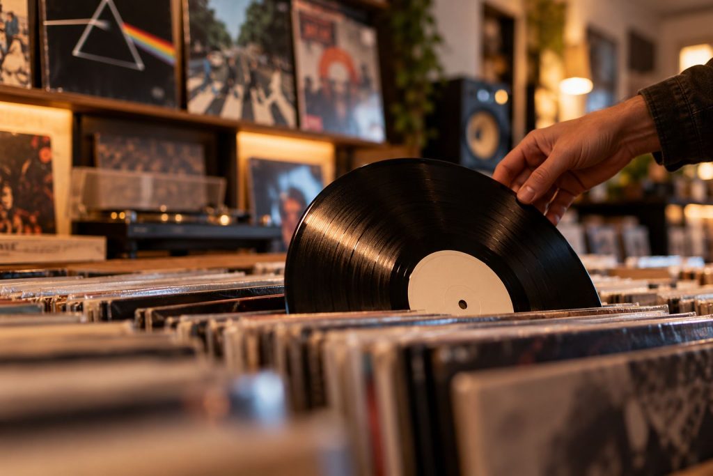 Hand som bläddrar bland vinylskivor i en skivbutik. Nya och begagnade LP skivor hos Evolution Records i Uddevalla.